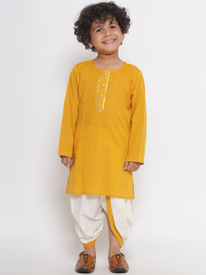 Peacock Feather print Jacket with Thread work Kurta and Dhoti - Yellow - Little Bansi