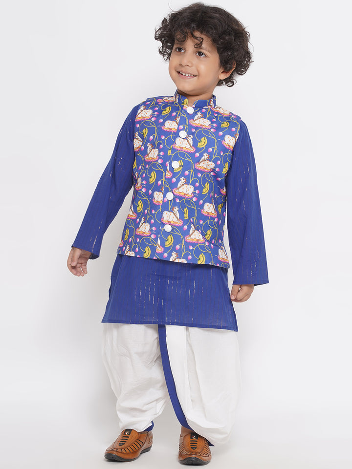 Cow print Jacket with Golden Stripes Kurta and Dhoti - Royal Blue - Little Bansi