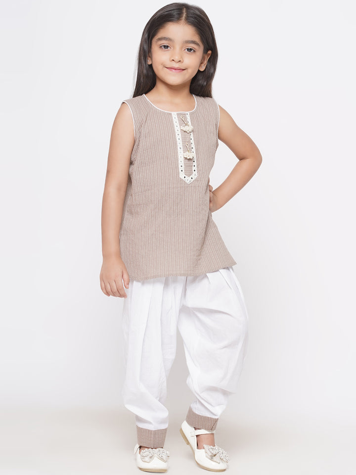 Short Kurta with Tussel and Lace work with Patiala Salwar and Kota Doria Dupatta - Little Bansi