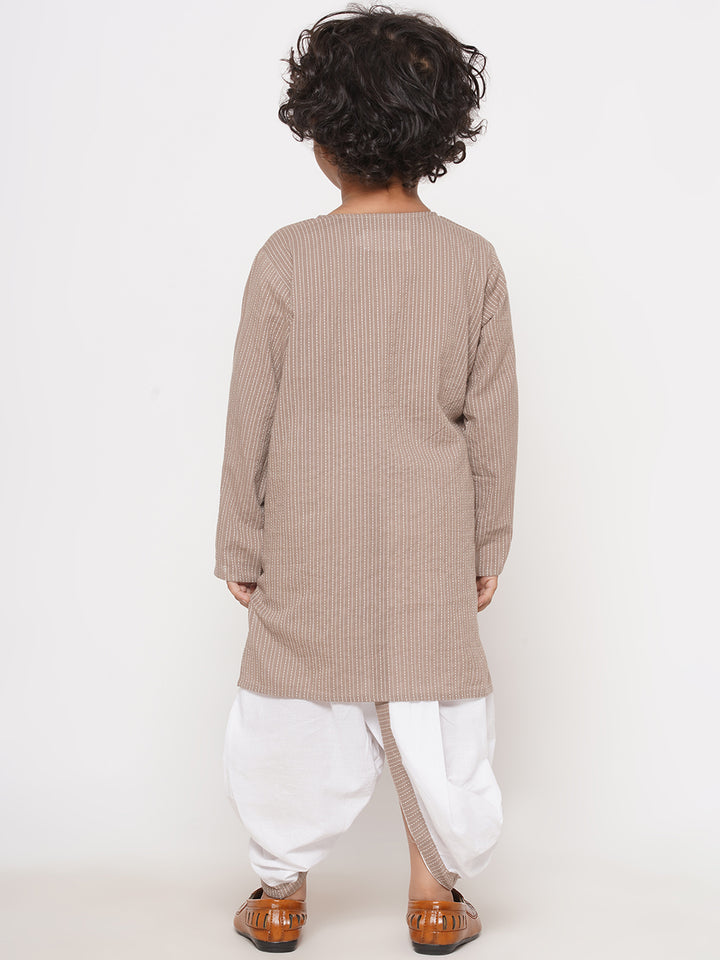 Little Bansi Boys Thread Work Kurta with Pearl buttons & Dhoti - Camel Brown - Little Bansi